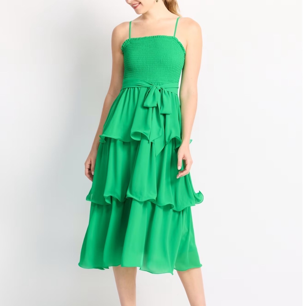 The General Good Lacie Chiffon Dress Green Smocked Tiered Midi XL Stitch Fix NWT